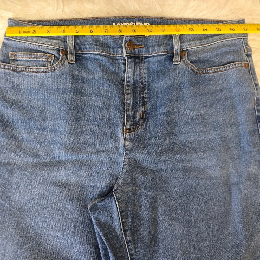 Lands End Womens 18 Petite Straight Leg Jeans Medium Wash Stretch Denim Blue